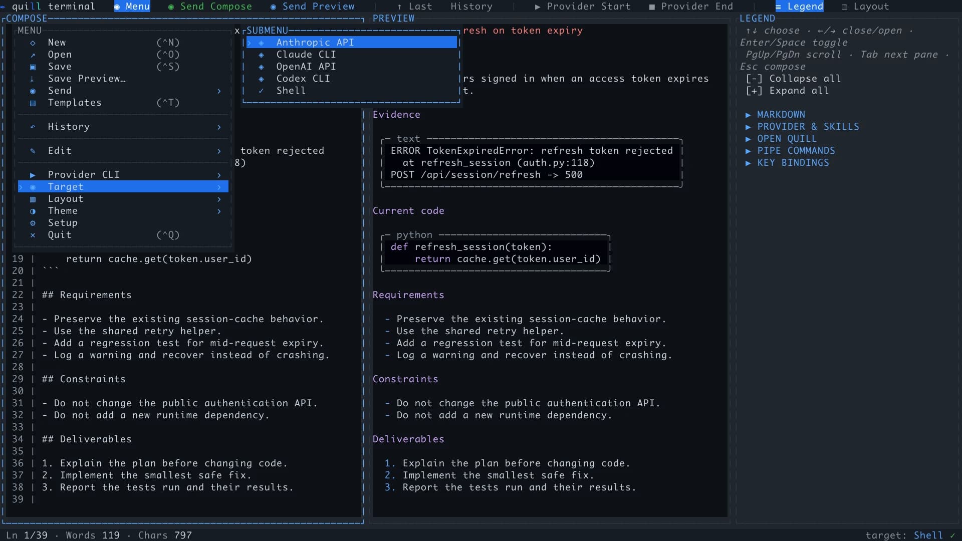Quill Terminal's real target menu showing Anthropic API, OpenAI API, Claude CLI, Codex CLI, and Shell