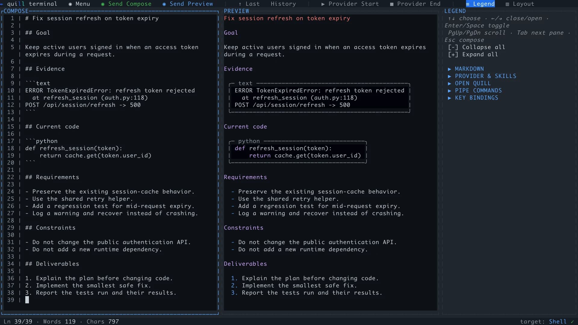 Quill Terminal in dark mode with Compose, live Markdown Preview, and the syntax legend