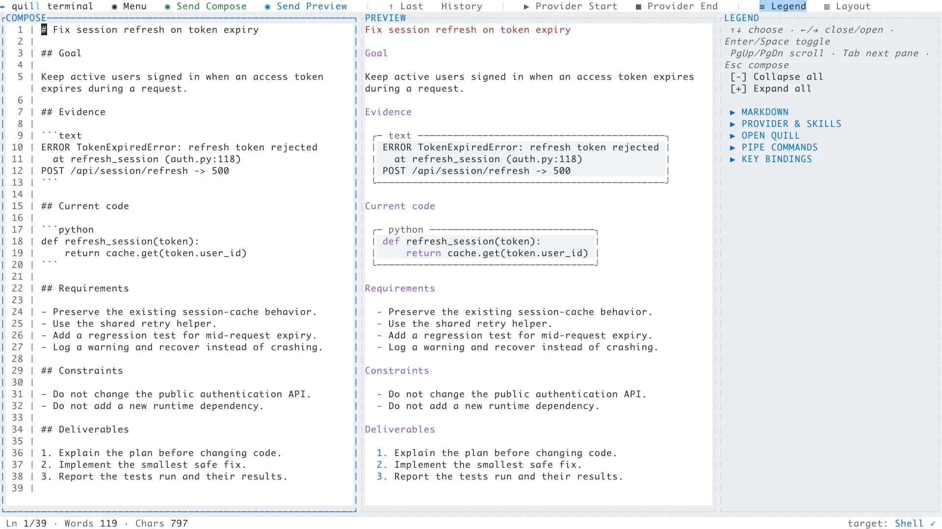 Quill Terminal in light mode with Compose, live Markdown Preview, and the syntax legend