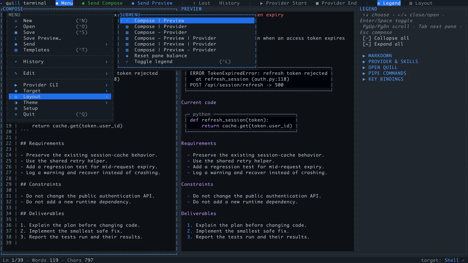 Quill Terminal's Layout submenu with six workspace arrangements