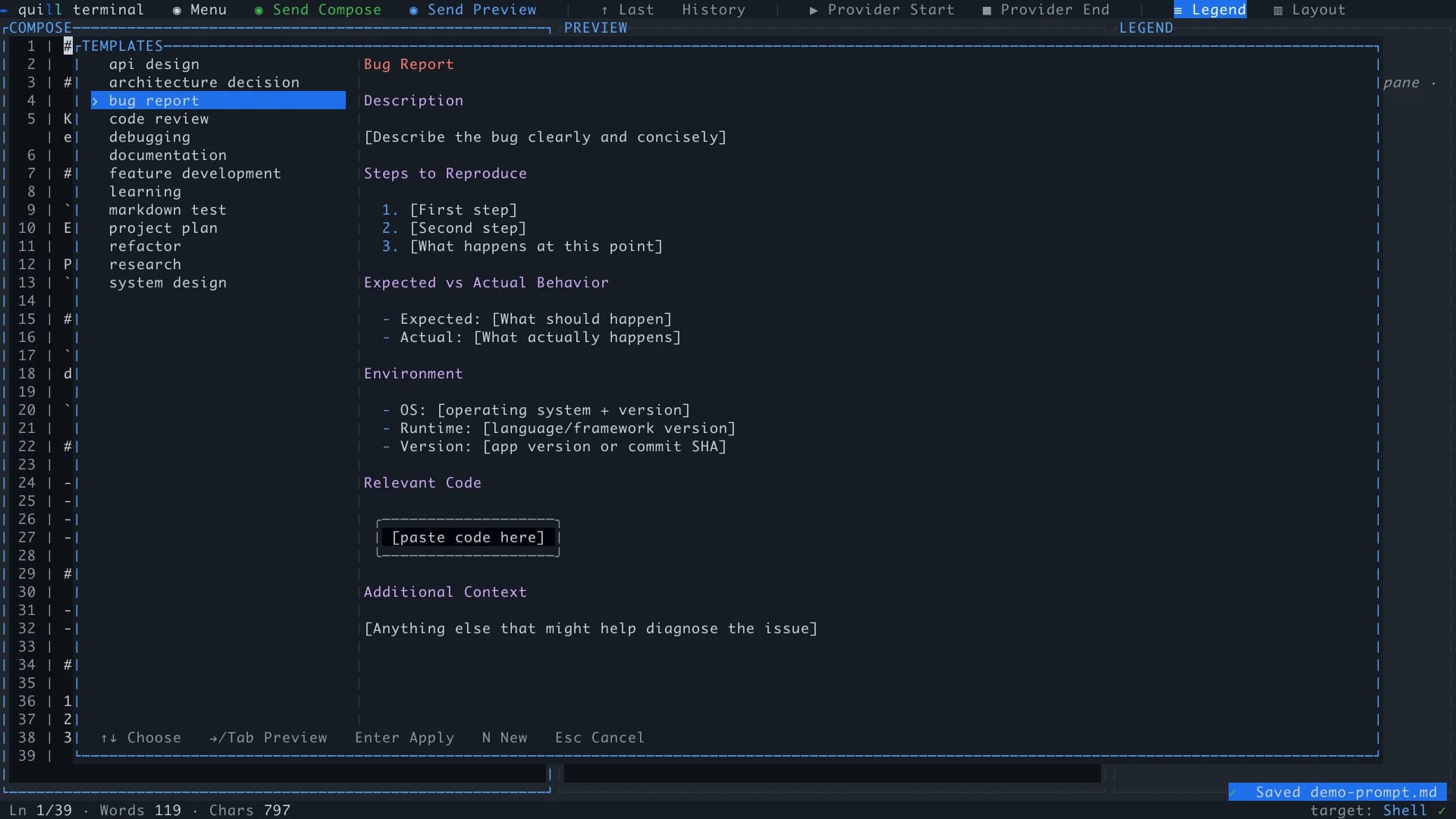 Quill Terminal's built-in template picker with a live Markdown preview