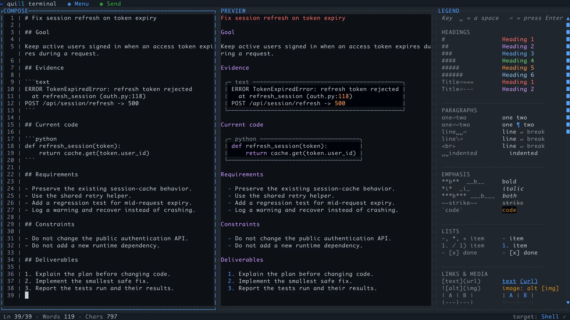 Quill Terminal in dark mode with Compose, live Markdown Preview, and the syntax legend