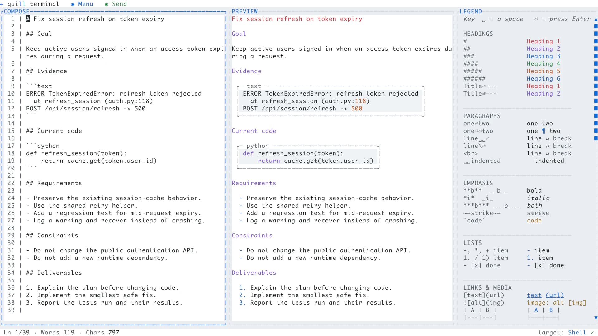 Quill Terminal in light mode with Compose, live Markdown Preview, and the syntax legend