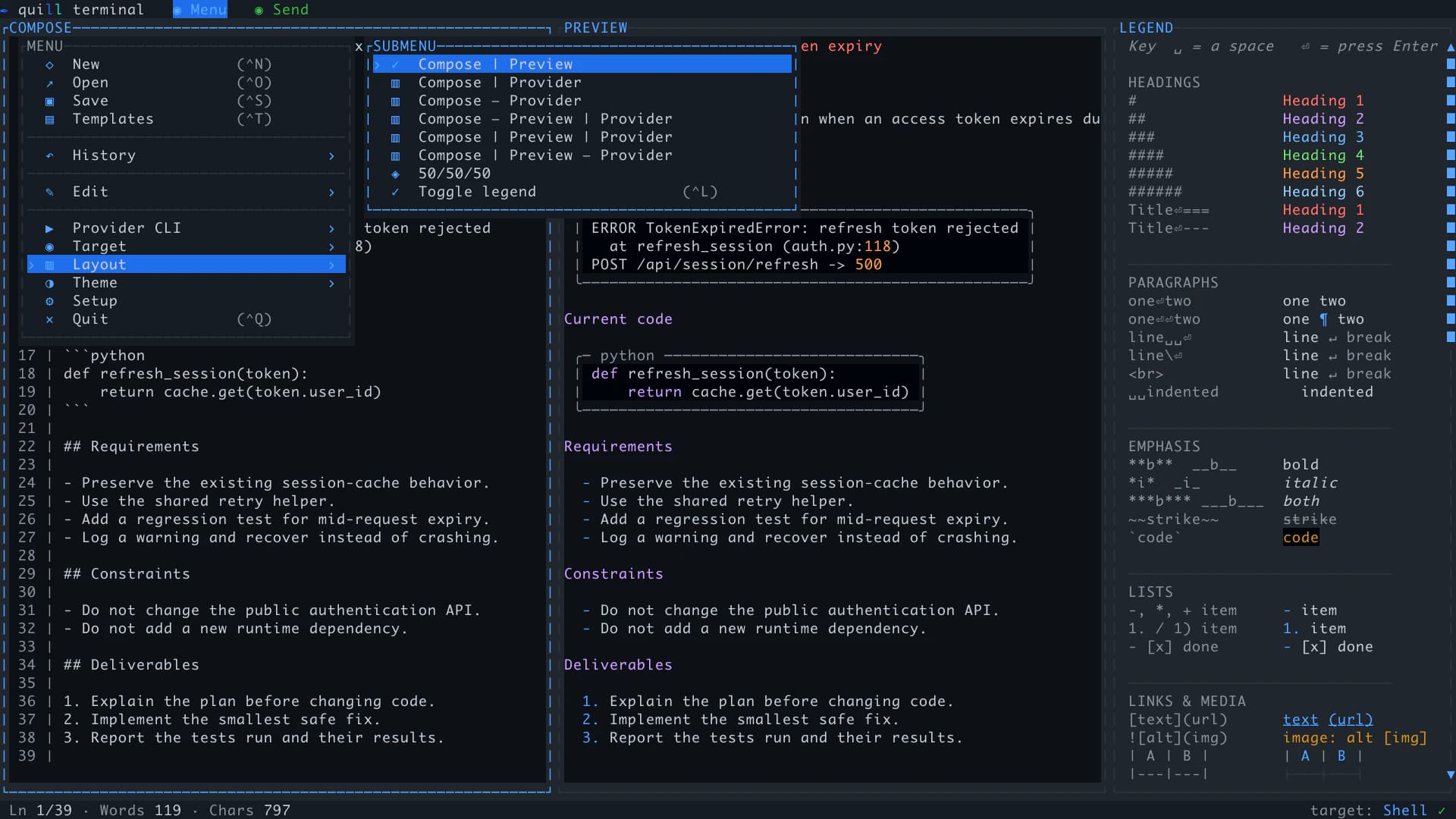 Quill Terminal's Layout submenu with six workspace arrangements