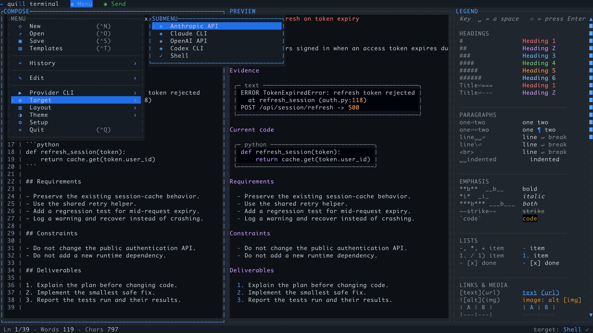 Quill Terminal's real target menu showing Anthropic API, OpenAI API, Claude CLI, Codex CLI, and Shell