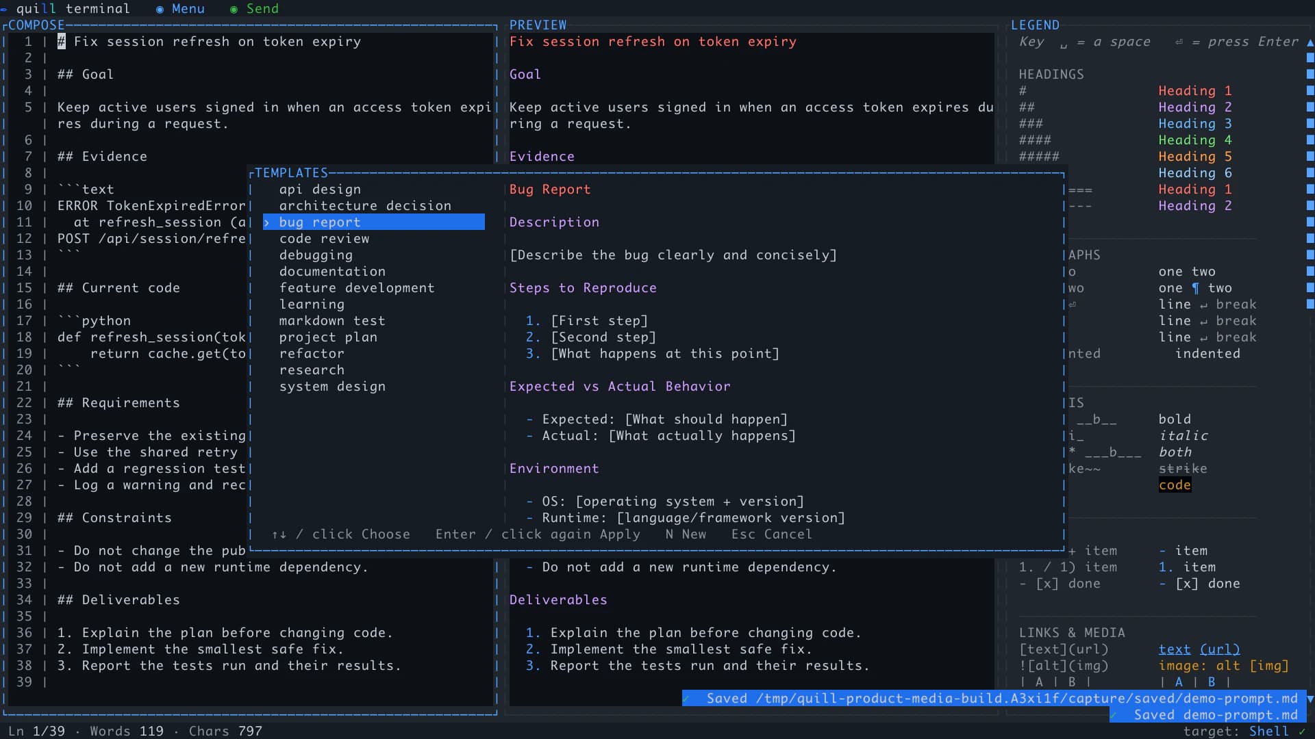 Quill Terminal's real template picker with built-in Markdown templates and a live preview
